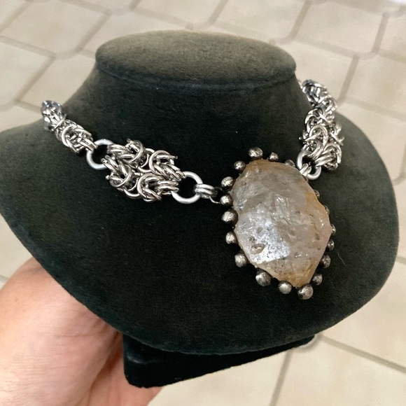 Big herkimer diamond crystal on handmade maille stainless steel chain boho goth - Picture 11 of 13